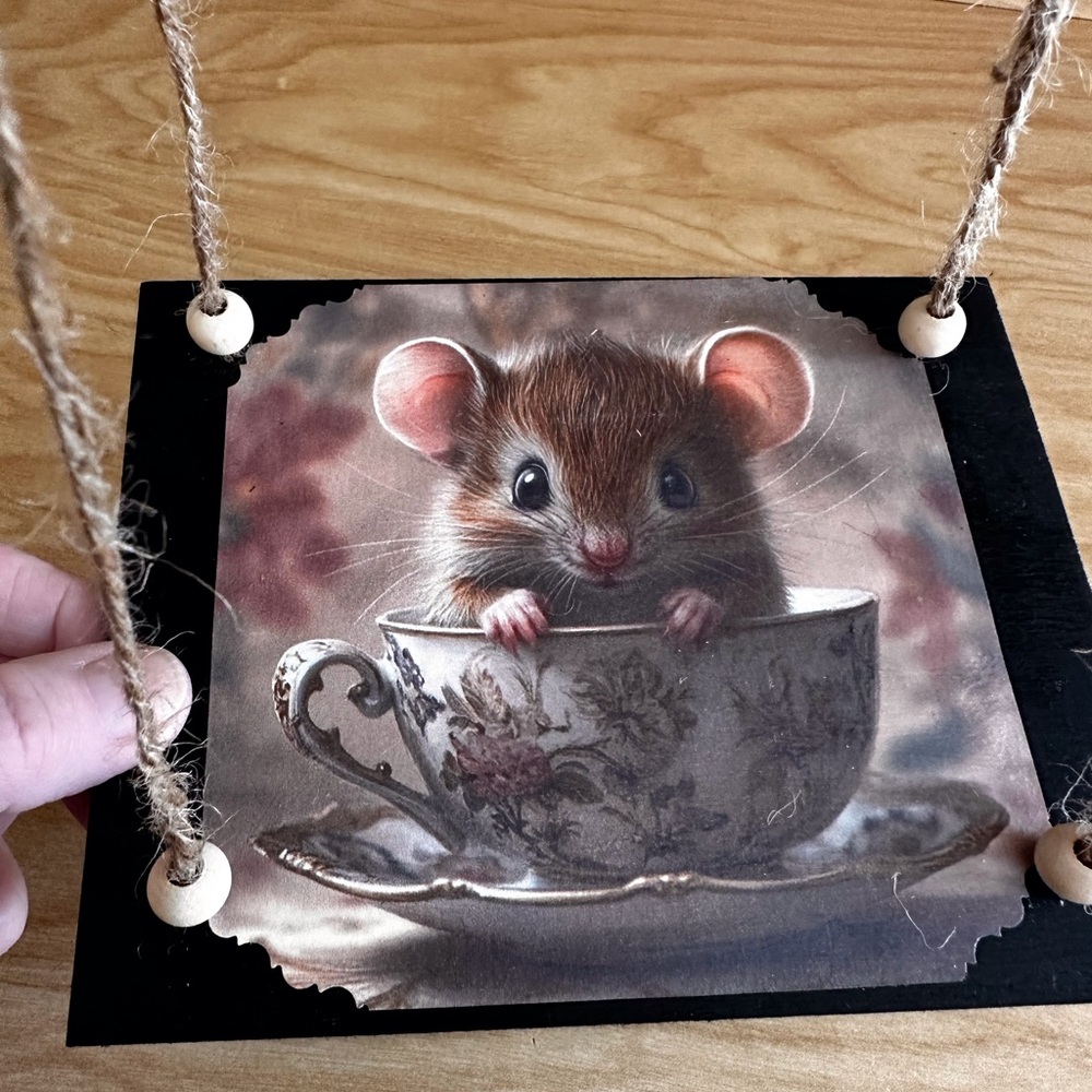 Hand crafted hanging floating shelf with mouse in teacup rustic rope wall shelf
